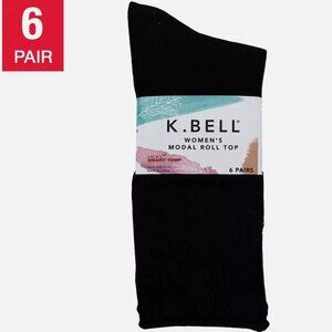 K Bell Women's Size 5.5-10 Modal Roll Top Crew Socks 6 Pairs Black